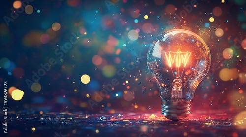 Light Bulb with Colorful Sparks and Digital Data on Abstract Background. AI generated illustration