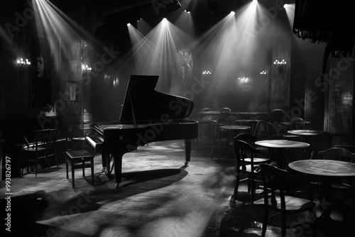Grand piano illuminating empty jazz club in black and white