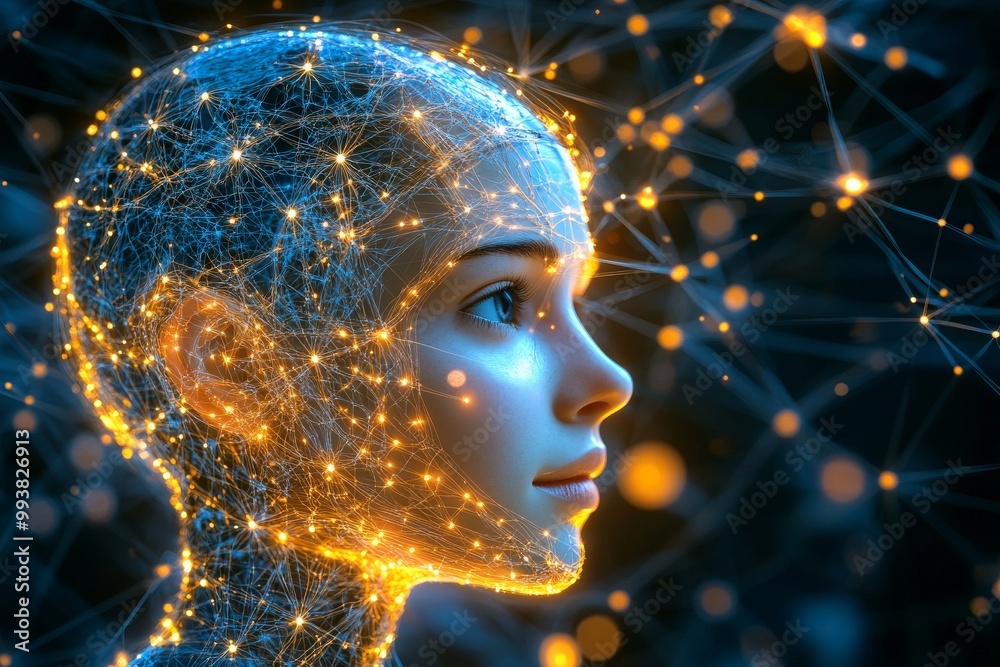 Abstract side profile of a woman with glowing neural pathways symbolizing cognitive power neural expansion and futuristic brain research in a digital world Abstract side profile of a woman with glowing neural pathways symbolizing cognitive power neural expansion and futuristic brain research in a digital world