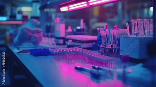 A laboratory workspace with test tubes and equipment under purple lighting. photo