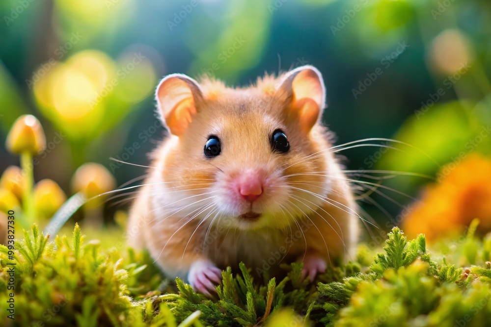 Adorable golden hamster exploring its habitat with a curious expression, captured in vibrant detail Adorable golden hamster exploring its habitat with a curious expression, captured in vibrant detail