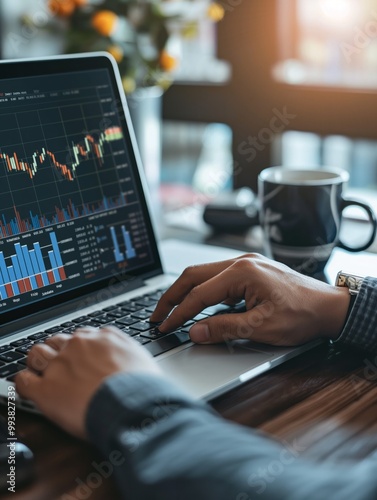 Businessman analyzing stock market data on laptop for investment decision making
