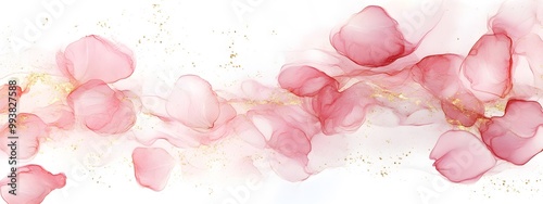 A soft, pink alcohol ink painting with rose petals flowing in the wind, creating an ethereal and dreamy atmosphere