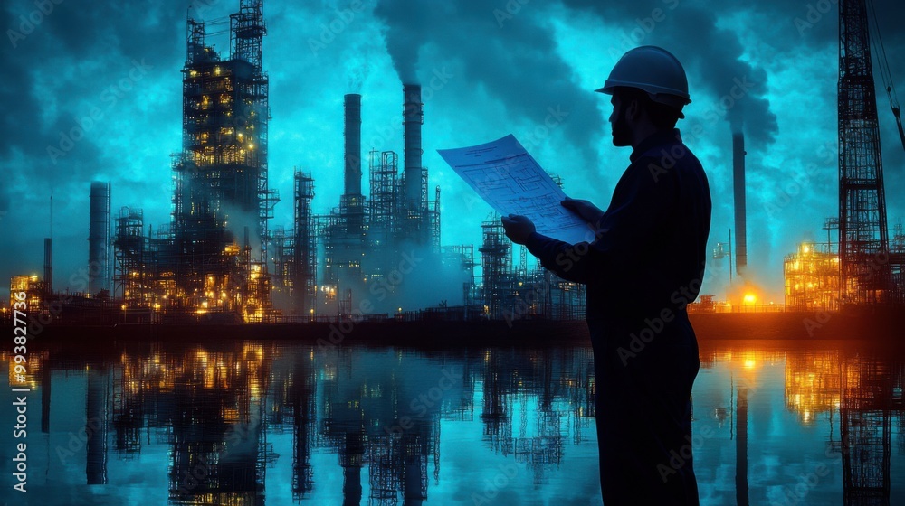 Fototapeta premium Industrial Worker Examining Plans Before Night Shift