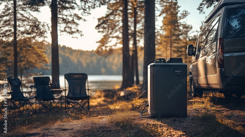 Portable Power Station in Serene Summer Camping Setting. AI generated illustration Portable Power Station in Serene Summer Camping Setting. AI generated illustration