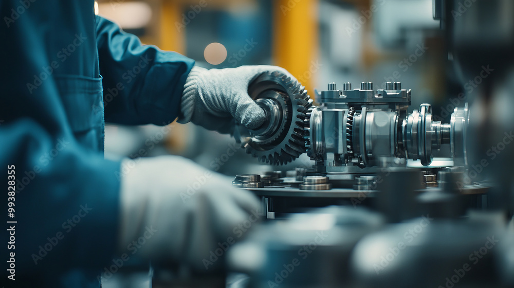 Fototapeta premium Worker Assembling Gearbox for Engine Component
