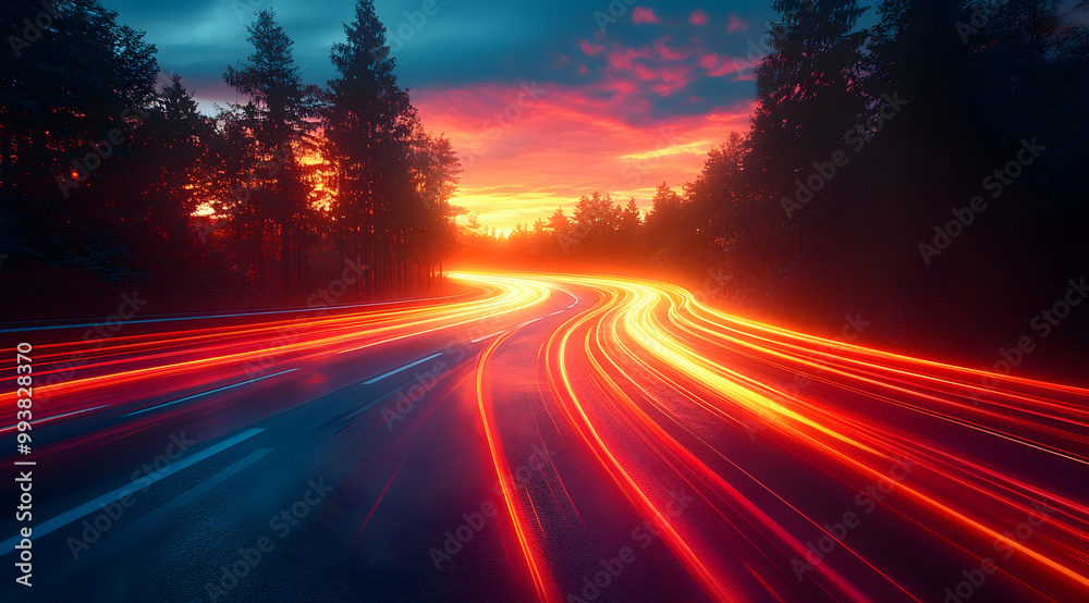 Abstract Background with Light Trails on Winding Road at Sunset Abstract Background with Light Trails on Winding Road at Sunset
