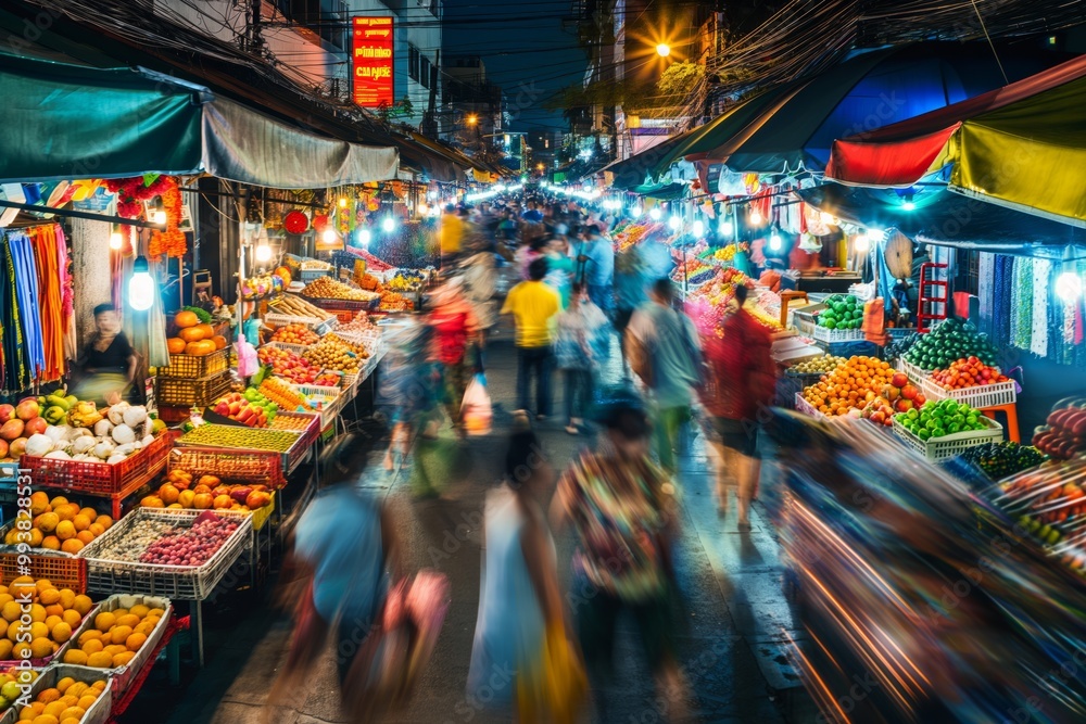 Crowd walking through busy night market with long exposure