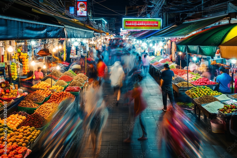 Fototapeta premium Crowd walking between stalls selling fresh fruit and vegetables at a night market in southeast asia