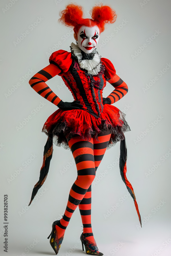 Female harlequin clown wearing red and black striped tights, set against a white background. Female harlequin clown wearing red and black striped tights, set against a white background.