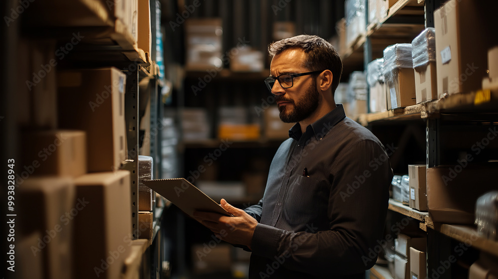 Man Managing Inventory in Storage Space Man Managing Inventory in Storage Space