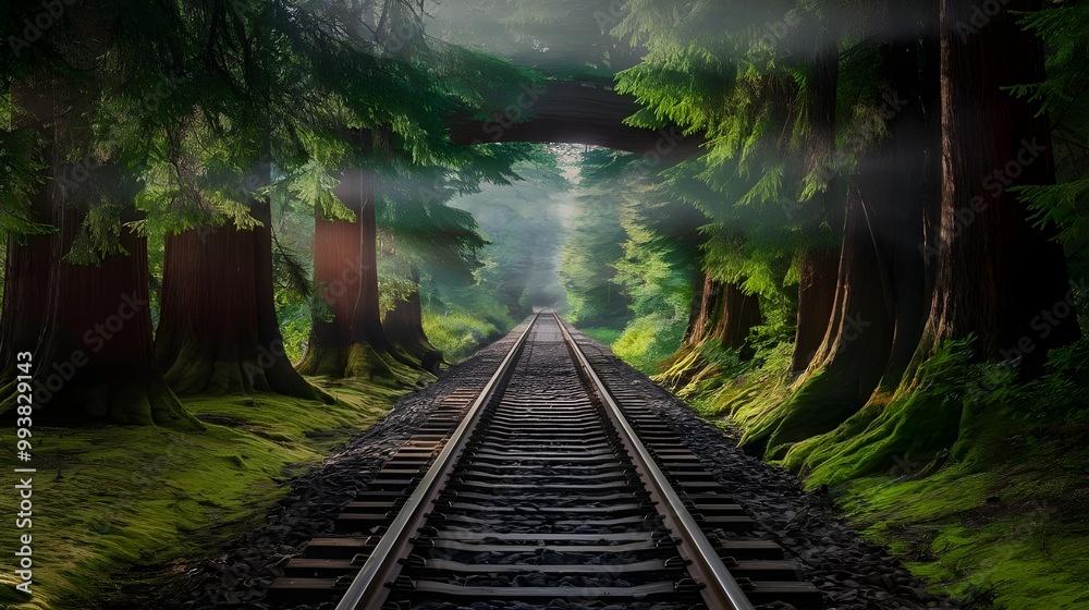 Fototapeta premium Mystical Forest Rlroad Tracks with Sunlight Through Canopy