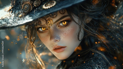 Enigmatic Sorceress with Steampunk Elements