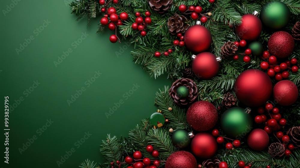 Fototapeta premium Festive Wreath with Poinsettias and Holly against a Dark Green Background