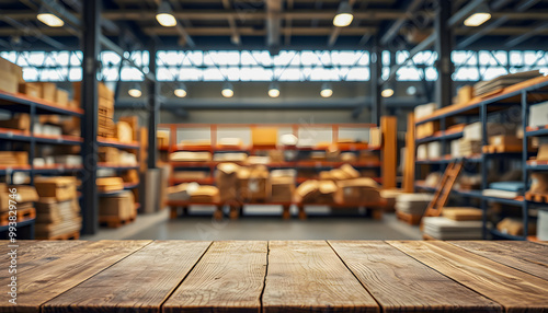 Wooden table top with blurred warehouse background.