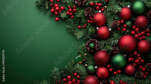 Festive Wreath with Poinsettias and Holly against a Dark Green Background