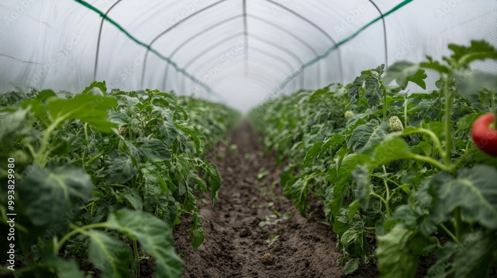 The potato field is covered with a special fabric that traps heat like a greenhouse. This helps the potatoes grow faster and protects them from cold nights. The potato field is covered with a special fabric that traps heat like a greenhouse. This helps the potatoes grow faster and protects them from cold nights.