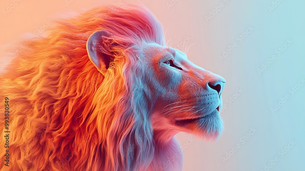 A majestic lion's profile, illuminated with vibrant, modern colors, showcasing a flowing mane and fierce expression. A majestic lion's profile, illuminated with vibrant, modern colors, showcasing a flowing mane and fierce expression.