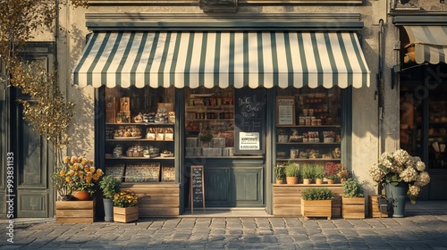 Charming Vintage Grocery Store Front with Striped Awning. AI generated illustration