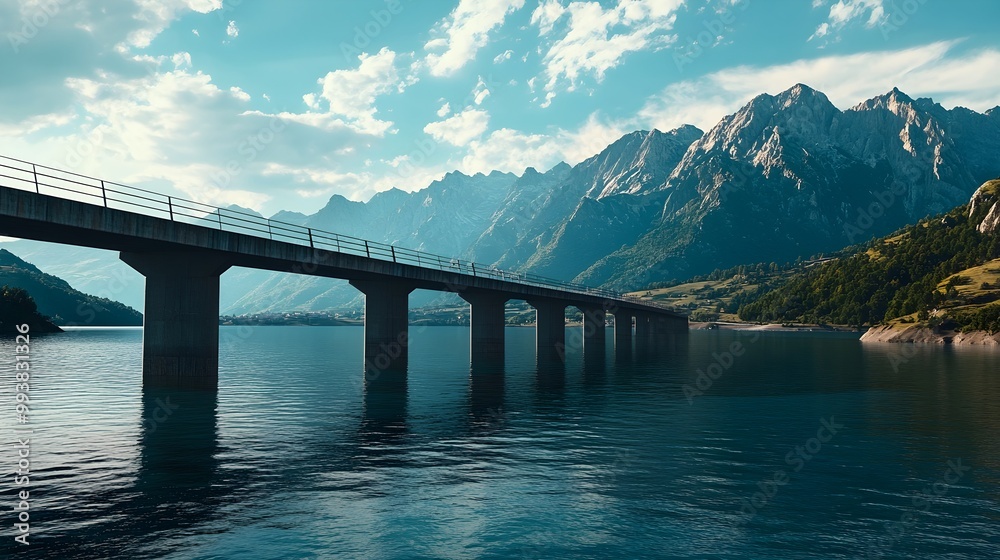 Peaceful lake bridge framed by towering mountains picture Peaceful lake bridge framed by towering mountains picture