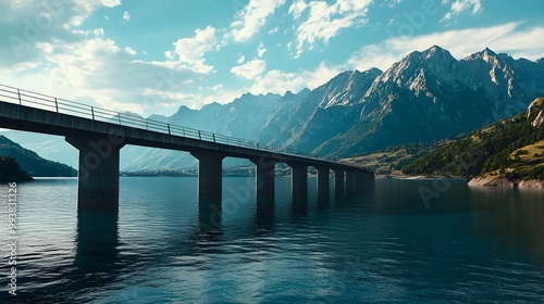 Wallpaper Mural Peaceful lake bridge framed by towering mountains picture Torontodigital.ca