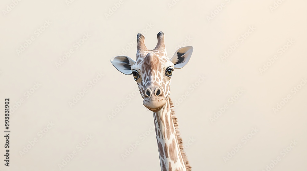 Naklejka premium A close-up of a giraffe's head with expressive eyes, showcasing its unique features against a soft, neutral background.