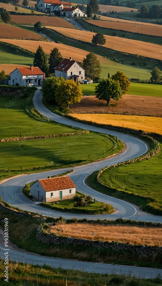 Countryside landscape featuring a winding road and houses. Countryside landscape featuring a winding road and houses.
