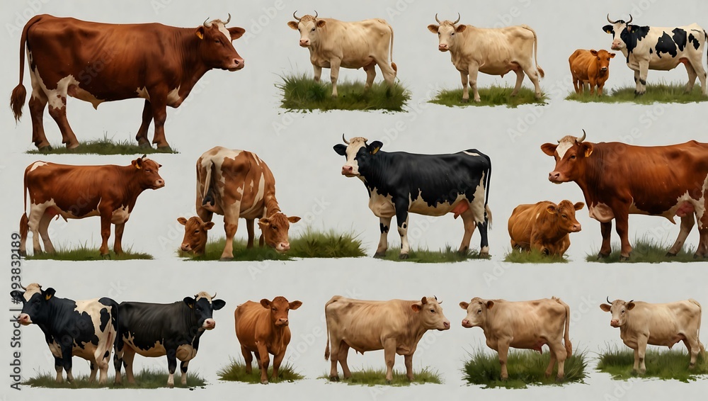 Fototapeta premium Cow farm collection set, isolated on a transparent background.