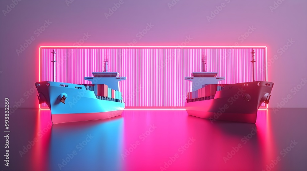 Obraz premium Cargo Ships Immobile in a Virtual Reality Landscape