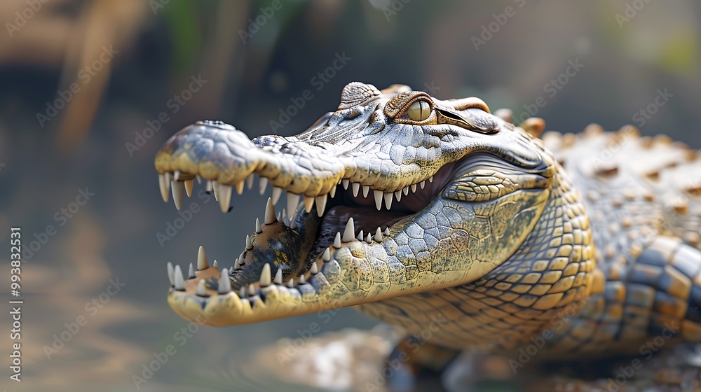 Obraz premium A close-up of a crocodile displaying its sharp teeth, with a focused gaze, against a blurred natural background.
