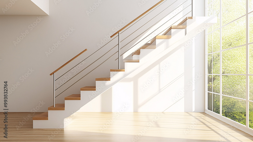 Bright minimalist staircase with natural wood steps and simple metal railings, leading up to a spacious, open area Bright minimalist staircase with natural wood steps and simple metal railings, leading up to a spacious, open area