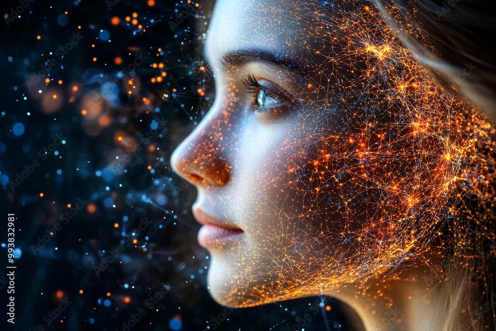 Woman’s profile overlaid with glowing orange and blue particles symbolizing advanced AI data processing and the fusion of technology with the human mind Woman’s profile overlaid with glowing orange and blue particles symbolizing advanced AI data processing and the fusion of technology with the human mind
