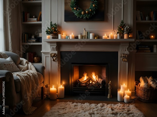 Cozy living room with a fireplace and Christmas stockings, lit by candles.