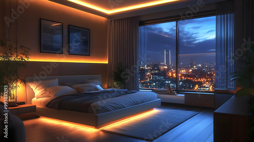 3D Illustration of a Modern Bedroom with Night City View