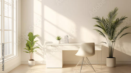 Bright minimalist workspace corner with a sleek white desk, a simple chair, and a single potted plant. Sunlight streaming through a window, creating a peaceful work environment