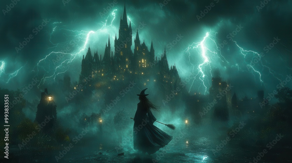 Mysterious Witch in Stormy Fantasy Scene Mysterious Witch in Stormy Fantasy Scene