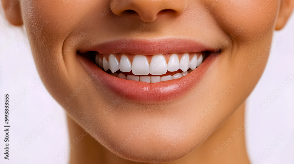 Fototapeta premium Woman smiling with white teeth, set against a white background.