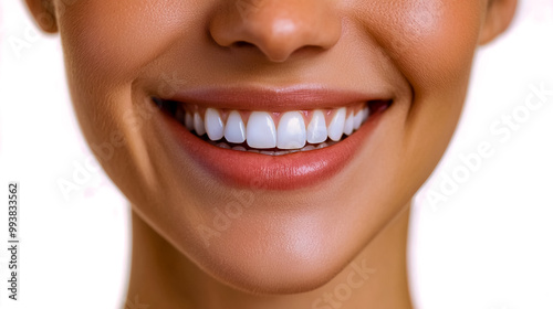 Woman smiling with white teeth, set against a white background.