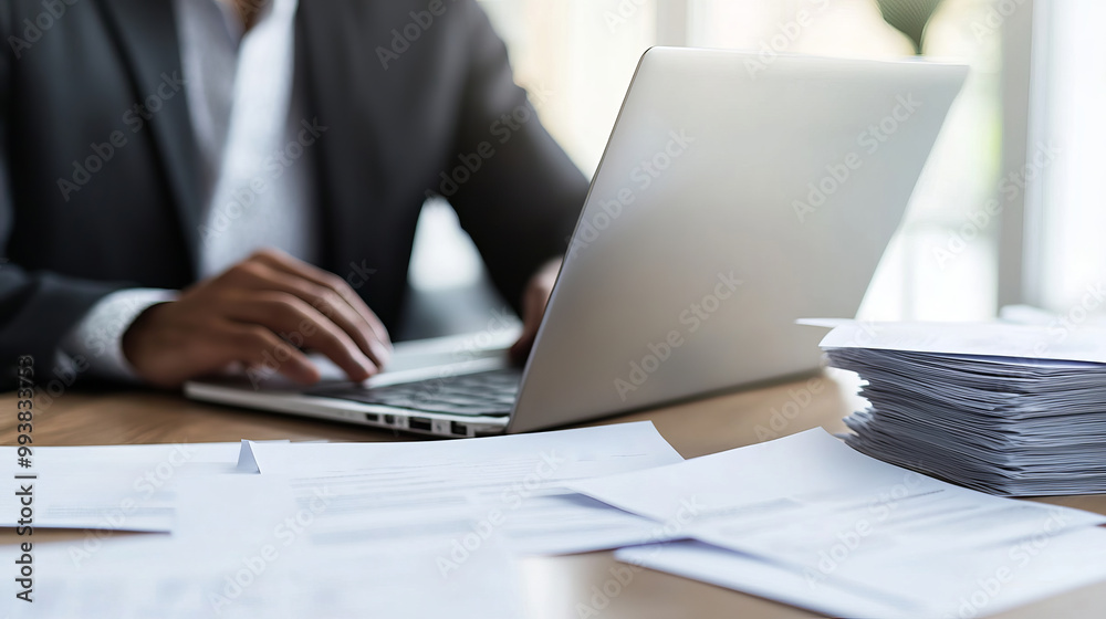 Fototapeta premium HR Manager Reviewing Resumes on Laptop at Office