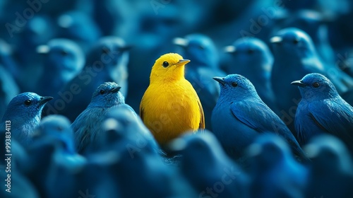 The Yellow Bird: Standing Out Among the Blue. AI generated illustration