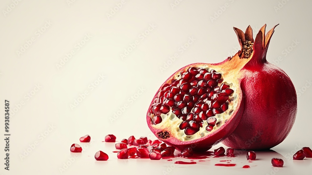 Fresh Split Pomegranate with Seeds Displayed Fresh Split Pomegranate with Seeds Displayed