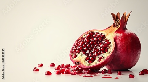 Fresh Split Pomegranate with Seeds Displayed photo