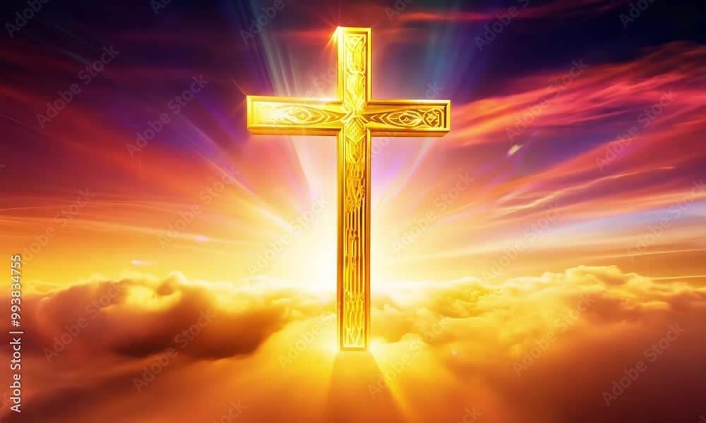 Jesus cross symbol glowing with golden light, floating majestically in an infinite sky background filled with vibrant, swirling colors of sunset and dawn Jesus cross symbol glowing with golden light, floating majestically in an infinite sky background filled with vibrant, swirling colors of sunset and dawn