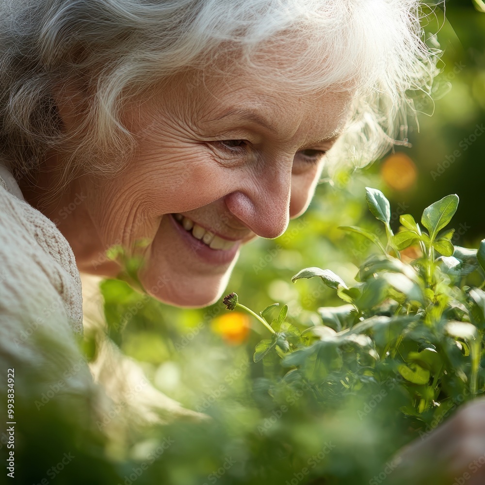 A close-up of a senior woman face, smiling as she tends to her garden, basking in the joy of gardening A close-up of a senior woman face, smiling as she tends to her garden, basking in the joy of gardening