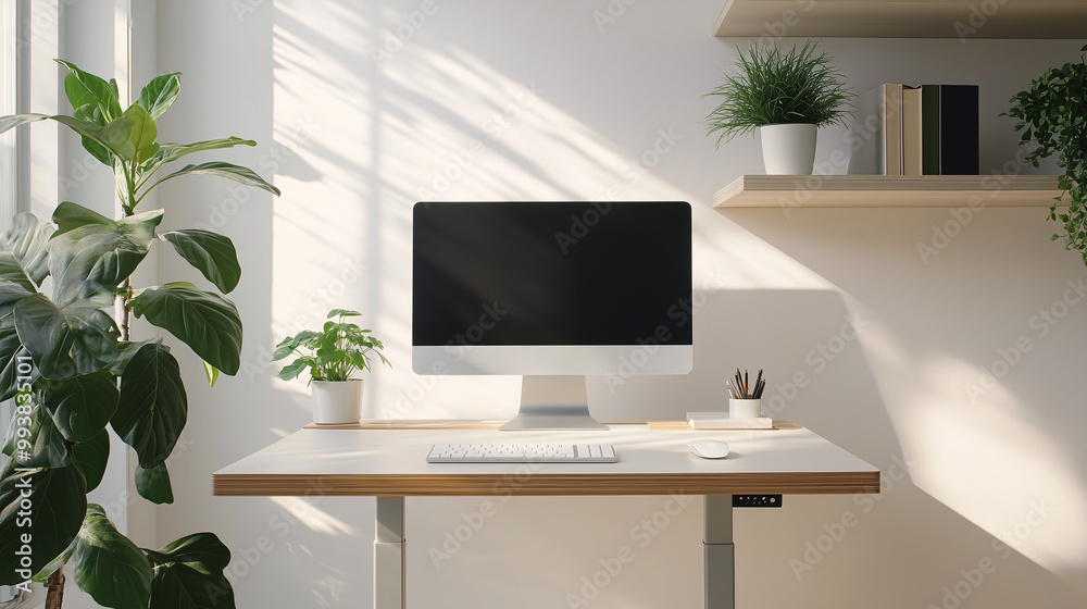 Clean and minimalist office space with a standing desk, simple monitor setup, and a single plant. White walls and uncluttered shelves in the background Clean and minimalist office space with a standing desk, simple monitor setup, and a single plant. White walls and uncluttered shelves in the background