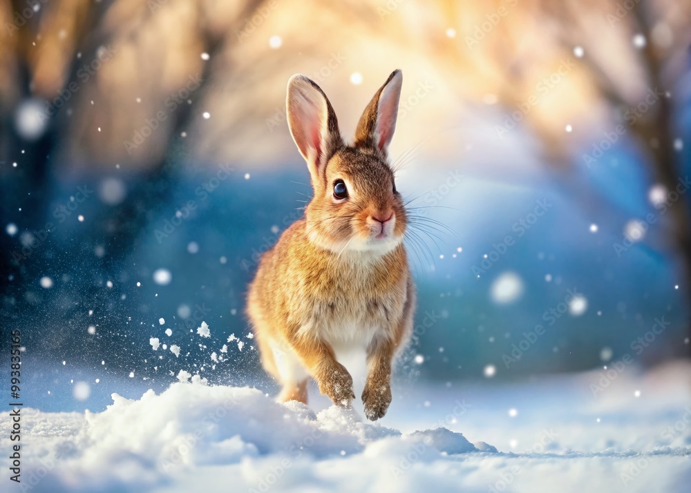 Adorable Rabbit Hoping Through Soft Snowflakes in a Winter Wonderland Landscape of White Snow Adorable Rabbit Hoping Through Soft Snowflakes in a Winter Wonderland Landscape of White Snow