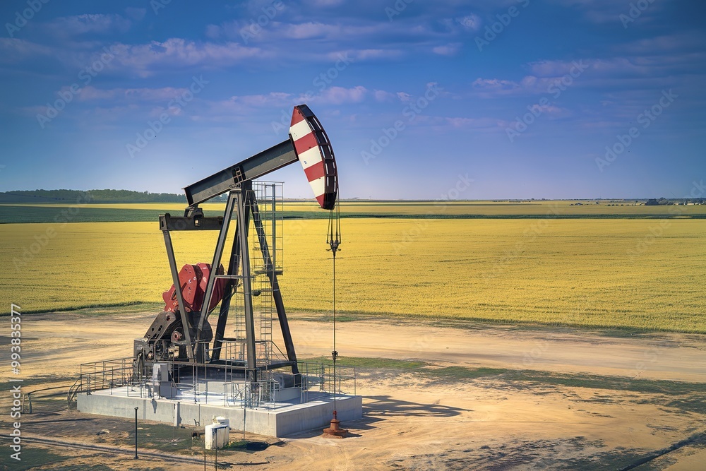 An oil pumpjack situated in a vast open field