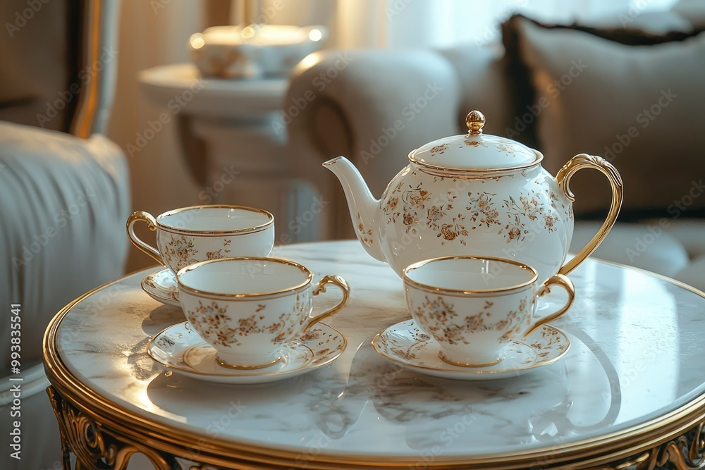 Fototapeta premium Elegant Tea Set on a Marble Table with Gilded Accents