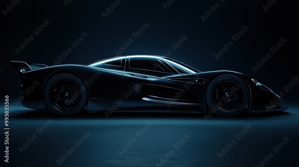 Naklejka premium A sleek, modern car silhouette illuminated against a dark background, emphasizing design.
