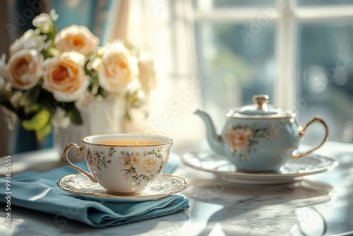 Porcelain Tea Set with Floral Pattern and Bouquet of Roses